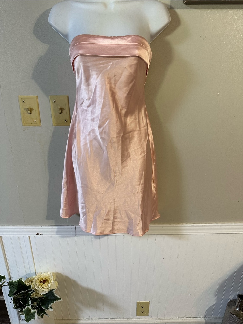 Altar'd State Strapless Satin Dress in Blush Pink